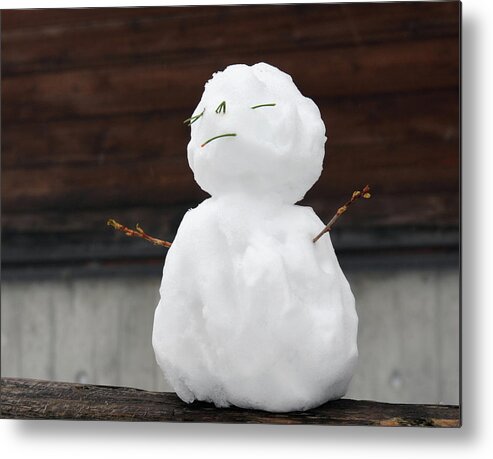 Snowman Metal Print featuring the photograph Zen Fence Sitting Mini Holiday Snowman by Shawn O'Brien