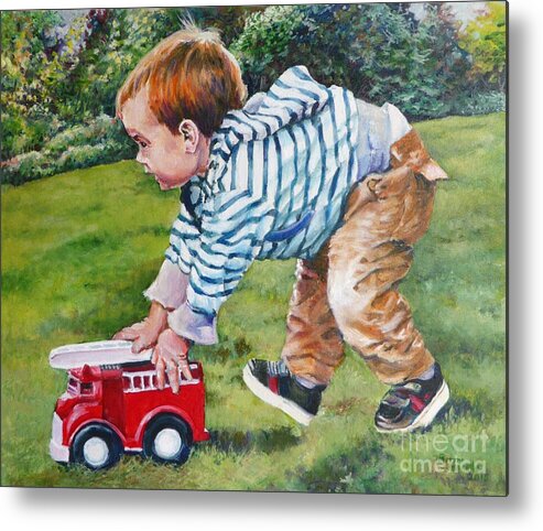 Child Metal Print featuring the painting Zoom Zoom...to the Rescue by Merana Cadorette