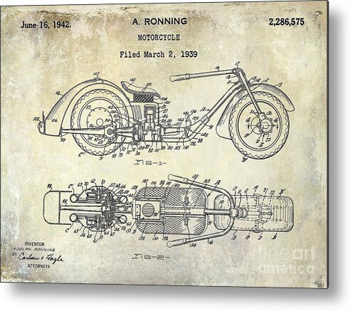 Harley Davidson Patent Drawing Metal Print featuring the photograph 1939 Motorcycle Patent Drawing by Jon Neidert