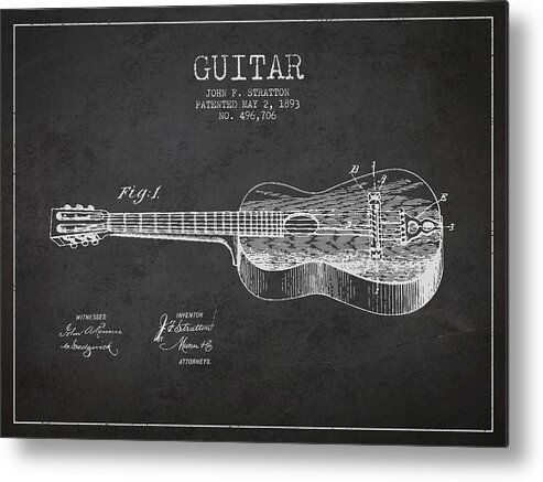 Guitar Patent Metal Print featuring the digital art Stratton guitar patent Drawing from 1893 #2 by Aged Pixel