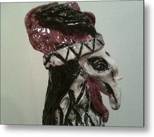Ceramic Rooster Metal Print featuring the sculpture Warrior Rooster by Suzanne Berthier