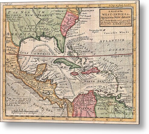  This Is Herman Molls Small But Significant C. 1732 Map Of The West Indies. Moll’s Map Covers All Of The West Indies Metal Print featuring the photograph 1732 Herman Moll Map of the West Indies and Caribbean by Paul Fearn