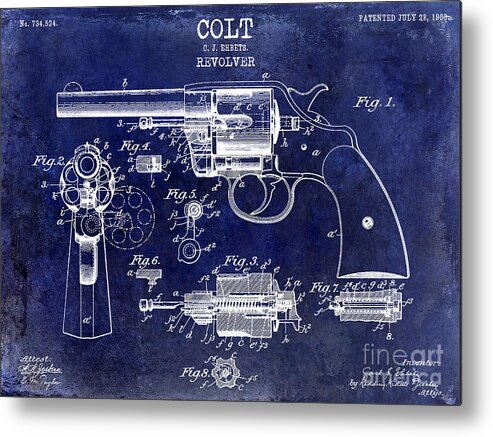 Colt Revolver Metal Print featuring the photograph 1903 Colt Revolver Patent Drawing Blue by Jon Neidert