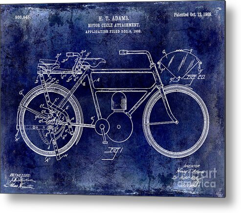 Harley Davidson Patent Drawing Metal Print featuring the photograph 1909 Motorcycle Patent Drawing Blue by Jon Neidert