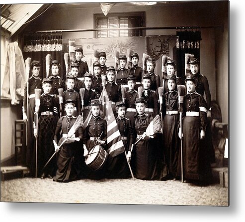 Retro Metal Print featuring the photograph 19th C. Female Cadets armed with Brooms by Historic Image