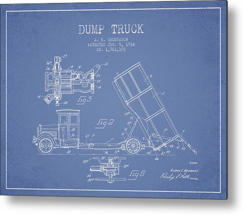 Dump Truck Metal Print featuring the digital art Dump Truck patent drawing from 1934 #4 by Aged Pixel