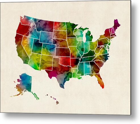 United States Map Metal Print featuring the digital art United States Watercolor Map by Michael Tompsett