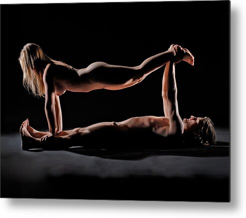 Lifting Metal Print featuring the photograph 8194 Nude Couple Playing by Chris Maher