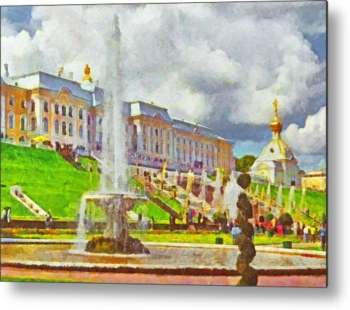 Architecture Metal Print featuring the digital art A Fountain at Peterhof by Digital Photographic Arts