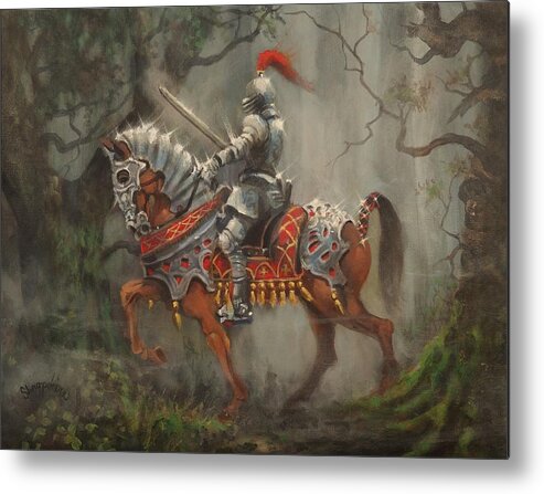 Knight On Horseback Metal Print featuring the painting A Knight in Shining Armor by Tom Shropshire