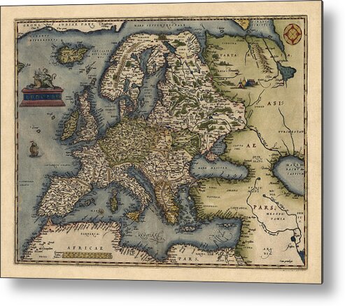 Europe Metal Print featuring the drawing Antique Map of Europe by Abraham Ortelius - 1570 by Blue Monocle