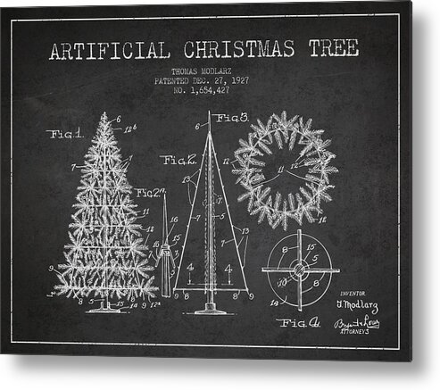 Christmas Metal Print featuring the digital art Artifical Christmas Tree Patent from 1927 - Charcoal by Aged Pixel