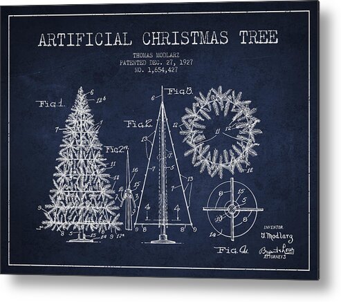 Christmas Metal Print featuring the digital art Artifical Christmas Tree Patent from 1927 - Navy Blue by Aged Pixel