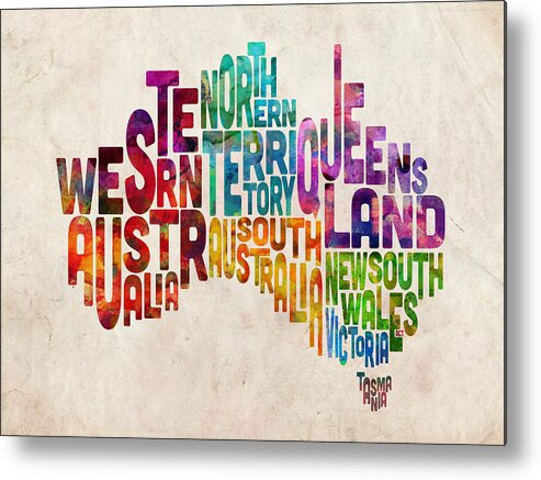 Australia Map Metal Print featuring the digital art Australia Typographic Text Map by Michael Tompsett