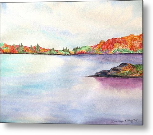 Fall Foliage Color Water Rock Cloud Sky Orange Red Green Blue Leaves Clm Pine Trees Crisp Metal Print featuring the painting Autumn Pond by Daniel Dubinsky