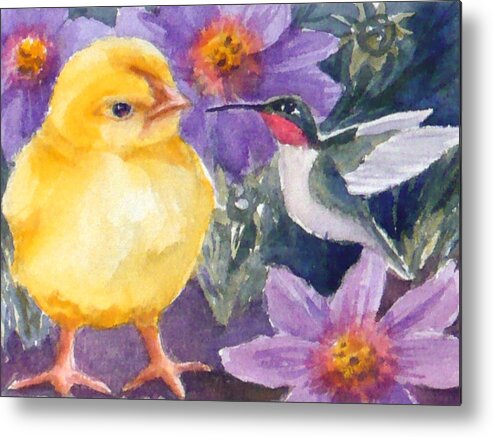 Fine Art Print Metal Print featuring the painting Baby Chick and Hummingbird by Janet Zeh