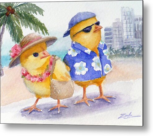 Ferdinand And Nina Metal Print featuring the painting Baby Chicks in Honolulu Hawaii by Janet Zeh