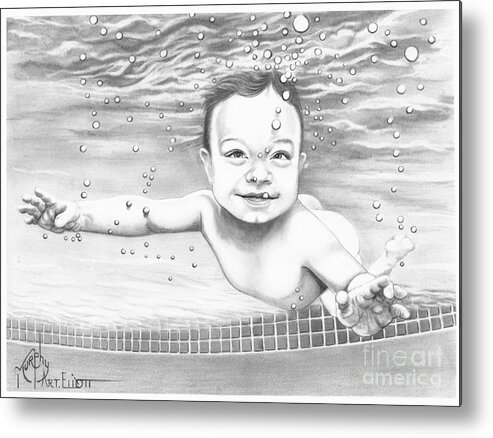 Pencil Metal Print featuring the drawing Baby Underwater by Murphy Elliott