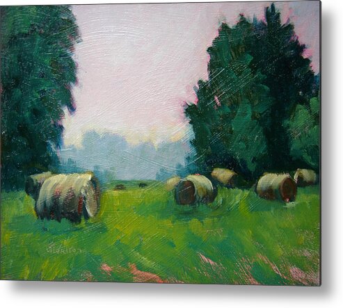 Hay Bales Metal Print featuring the painting Bales in the Morning by Judy Fischer Walton