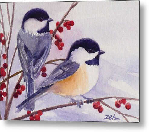 Birds Metal Print featuring the painting Black-capped Chickadees by Janet Zeh