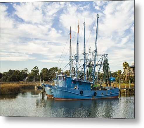 Blue Shrimp Boats Metal Print featuring the photograph Blue Shrimp Boats on Shem Creek by Sandra Anderson