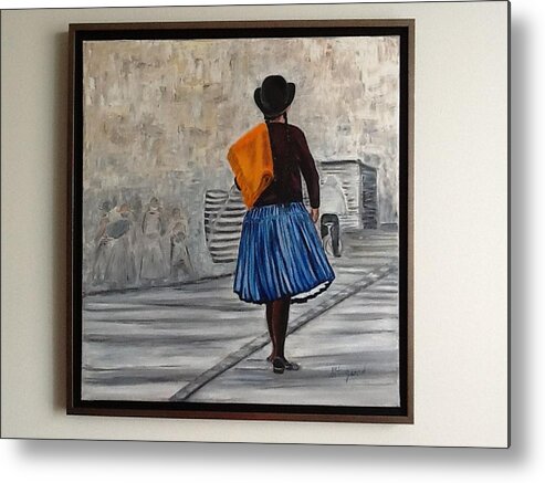 Bolivian Native Woman In Full Skirt On Her Way To The Market. Metal Print featuring the painting Bolivian Chola in Blue Skirt by Marcella Haugaard