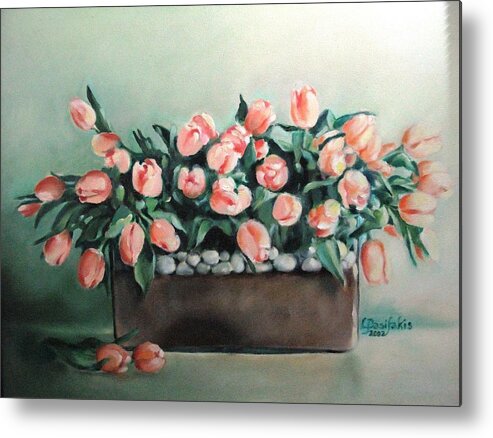 Glass Vase Metal Print featuring the painting Bowl of Tulips by Lyn Pacific