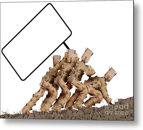Write Metal Print featuring the photograph Box characters raising a blank sign by Simon Bratt