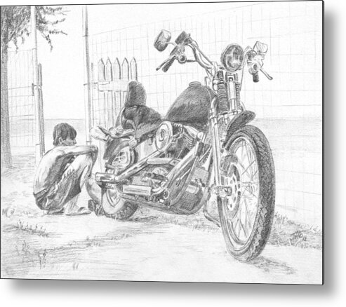 Motorcycle Metal Print featuring the drawing Boy And Motorcycle by Masha Batkova