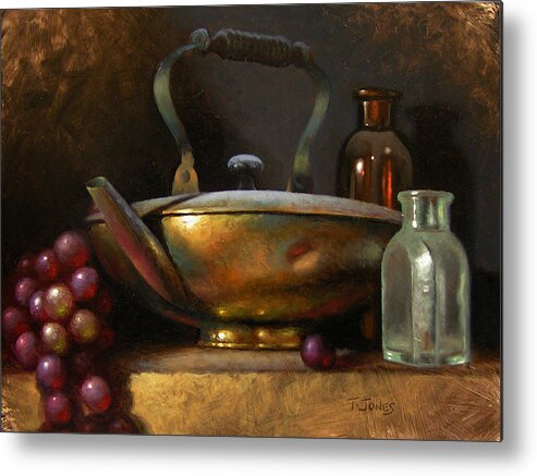 Brass Metal Print featuring the painting Brass Teapot and Antique Glass by Timothy Jones