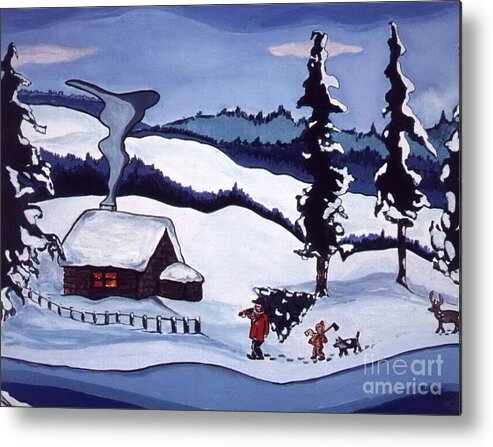 Winter Metal Print featuring the painting Bringing Home the Tree by Joyce Gebauer