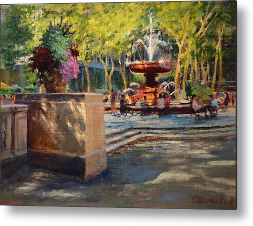 Landscape Metal Print featuring the painting Bryant Park - Afternoon at the Fountain Terrace by Peter Salwen