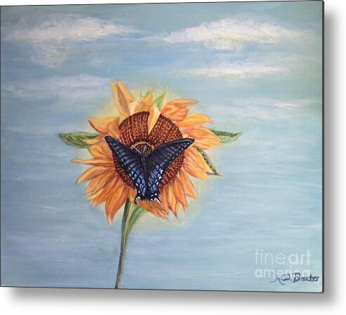 Nature Paintings Butterfly Paintings Sunflower Paintings Black And Blue Monarch Sucking Nectar From A Yellow Orange Sunflower Blue Skies With Light Wispy Clouds Metal Print featuring the painting Butterfly Sunday Full Length Version by Kimberlee Baxter