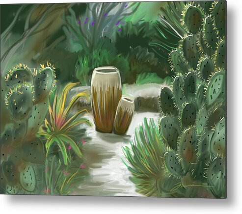 Opuntia Metal Print featuring the painting Cactus And Pots by Jean Pacheco Ravinski