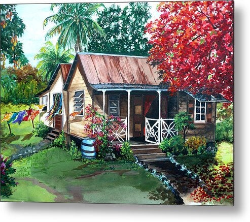 House Painting Caribbean Painting Tropical Painting West Indian Painting Old House Painting Flamboyant Tree Painting Poinciana Painting Red Painting Mango Tree Painting Watercolor Painting Greeting Card Painting Metal Print featuring the painting Caribbean Life by Karin Dawn Kelshall- Best