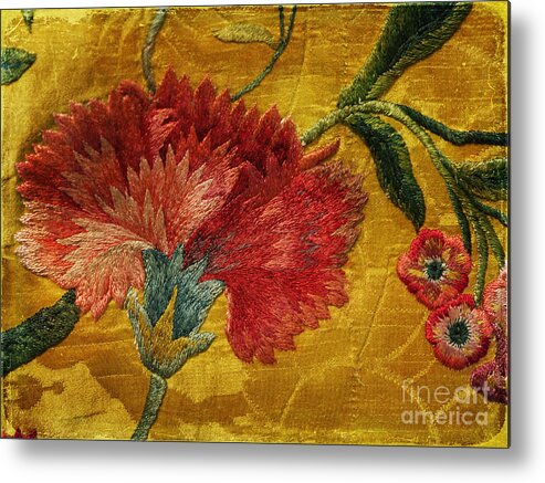 Jacobean Metal Print featuring the photograph Carnation embroidered on silk brocade by Brenda Kean