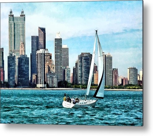 Chicago Metal Print featuring the photograph Chicago IL - Sailboat Against Chicago Skyline by Susan Savad