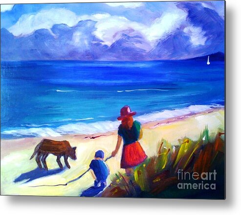Seascape Metal Print featuring the painting Children with Dog - original SOLD by Therese Alcorn