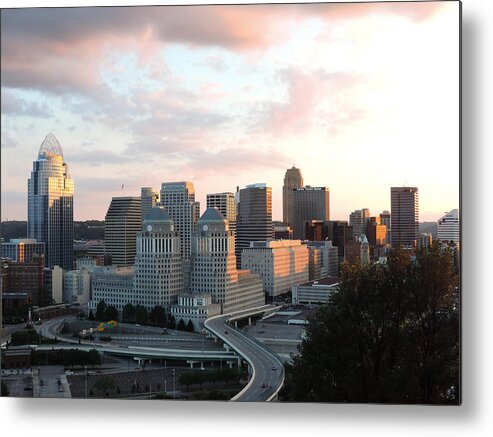 City Metal Print featuring the photograph Cincinnati skyline at sunset form the top of Mount Adams 2 by Cityscape Photography