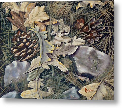 Outdoors Metal Print featuring the painting Cones Rocks Leaves and Needles by Ray Nutaitis