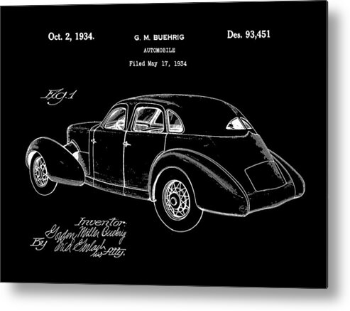 Cord Metal Print featuring the digital art Cord Automobile Patent 1934 - Black by Stephen Younts