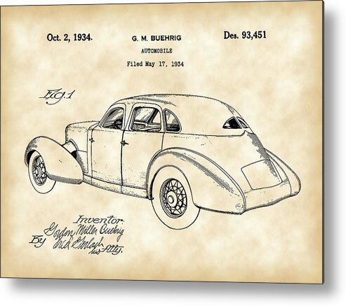 Cord Metal Print featuring the digital art Cord Automobile Patent 1934 - Vintage by Stephen Younts