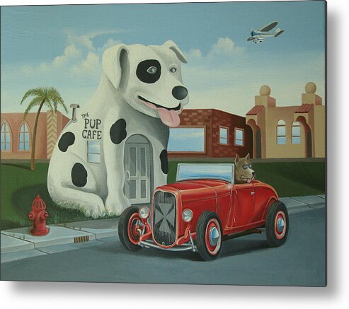 Hotrod Metal Print featuring the painting Cruisin' at the Pup Cafe by Stuart Swartz