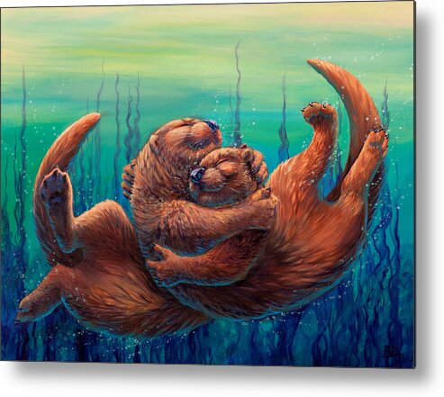 Otter Metal Print featuring the painting Cuddles and Bubbles by Beth Davies