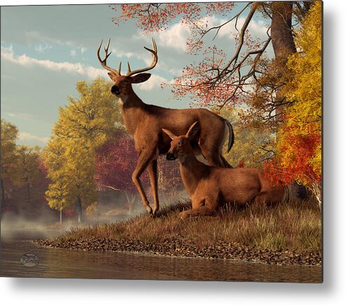 Deer Metal Print featuring the digital art Deer on an Autumn Lakeshore by Daniel Eskridge