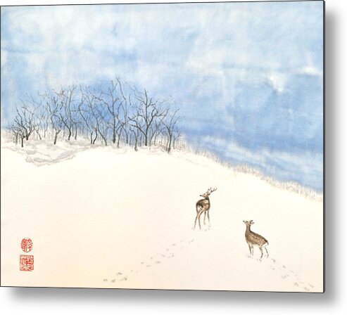 Japanese Metal Print featuring the painting Demure Deer by Terri Harris