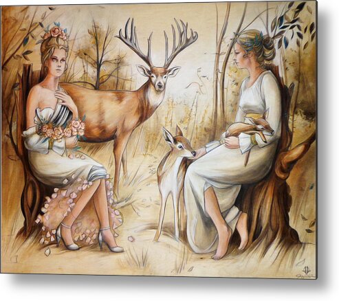 A Pastoral Scene Depicting The Duality Of The Two Sides Of Womanhood With The Hart In The Center Metal Print featuring the painting Duality of the Matriarch by Jacqueline Hudson