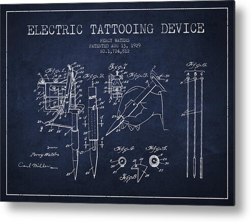 Tattoo Machine Metal Print featuring the digital art Electric Tattooing Device Patent From 1929 - Navy Blue by Aged Pixel