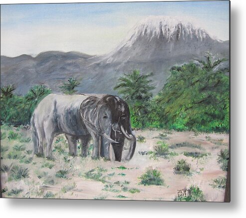 Landscape With Elephants And A View Of Mr. Kilimanjaro. Metal Print featuring the painting Elephants strolling with view of Mt. Kilimanjaro by Lucille Valentino