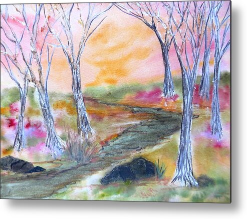 Fall Sky Sunset Leaves Autumn Fall Nature Hike Walk Path Saltwater Colors Trees Red Orange Yellow Green Studio Wildlife Natural Peaceful Path Metal Print featuring the painting Fall Glow by Daniel Dubinsky